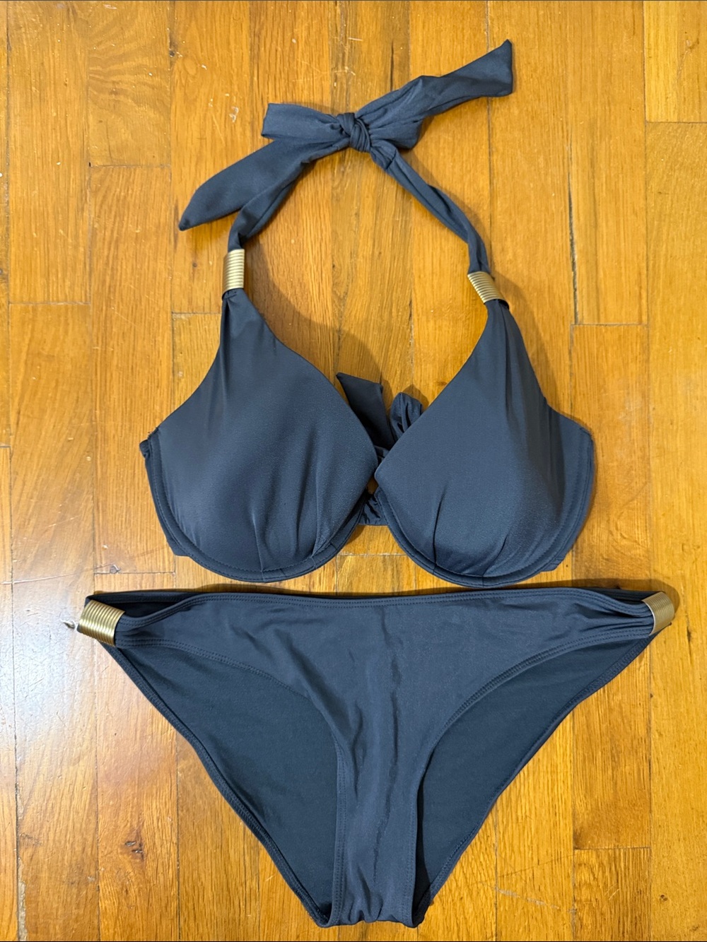 Charcoal Gray Halter Bikini Set with Brass Gold Accents - Women Swim